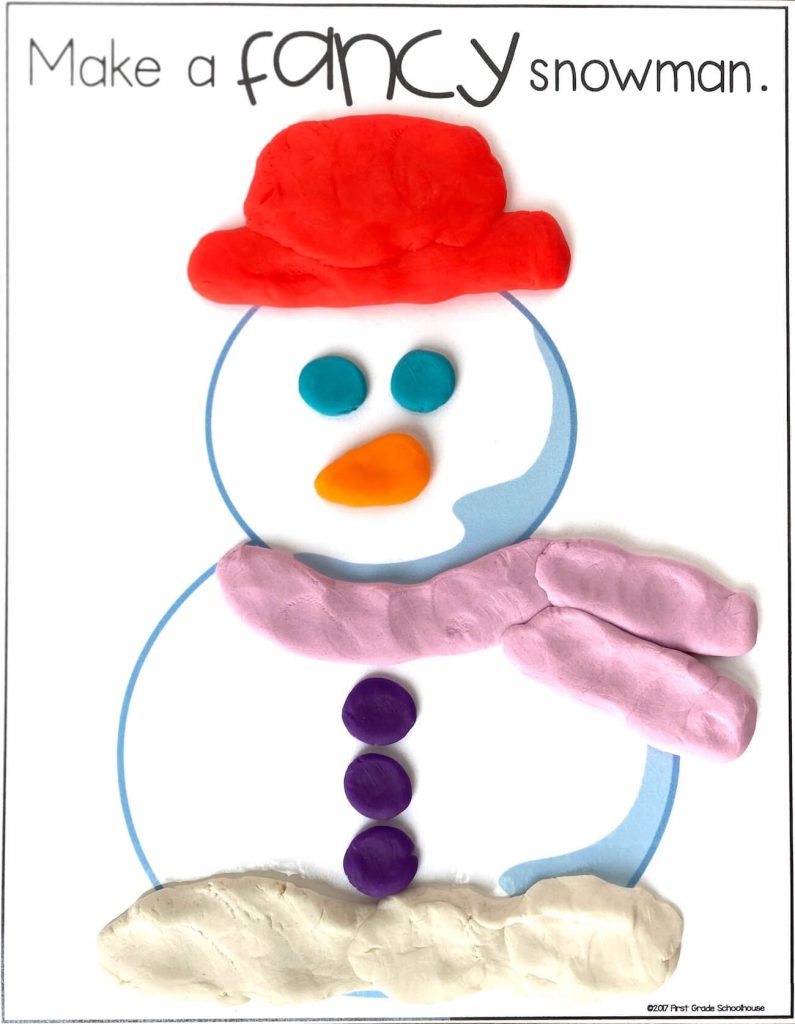 Snowman mat for making a fancy snowman out of modeling clay or dough. Example 1.