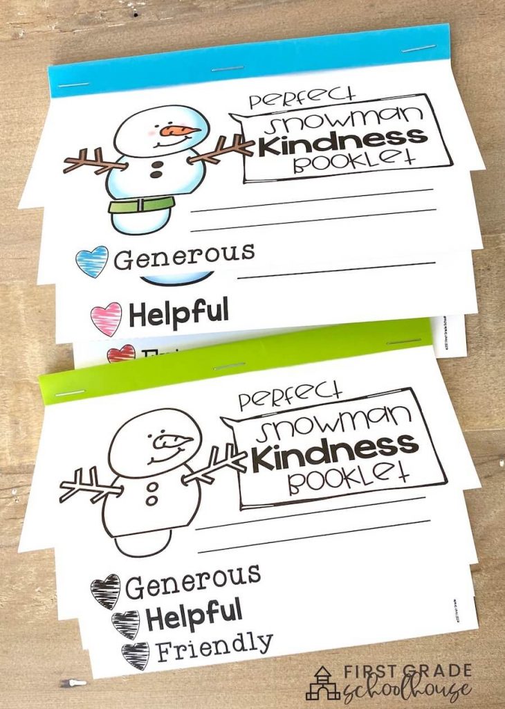 Perfect snowman kindness booklet with pages to write about being generous, helpful, and kinds.