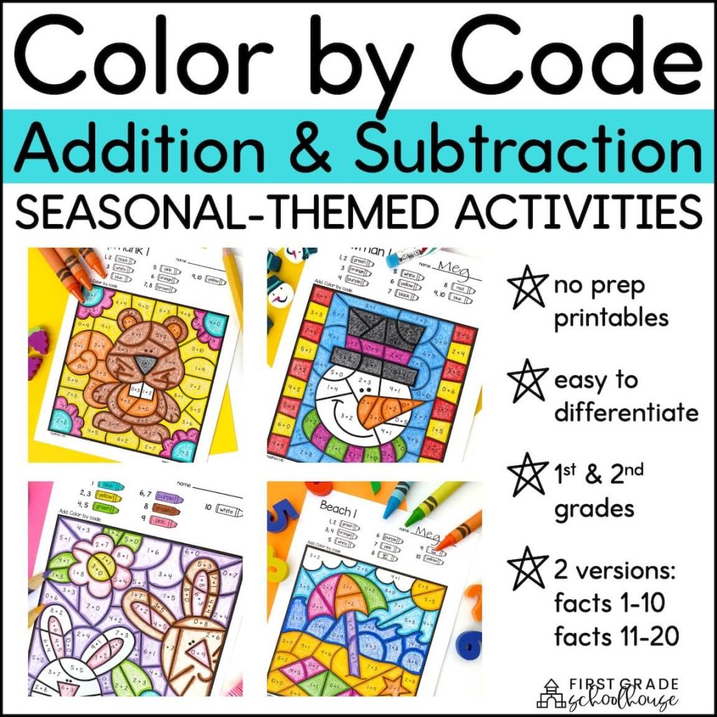 Color by Code Addition & Subtraction Seasonal-Themed Activities educational resource. Fall Winter Spring Summer. No prep printables. Easy to differentiate. 1st & 2nd grade. 2 versions facts 1-10 and 11-20.