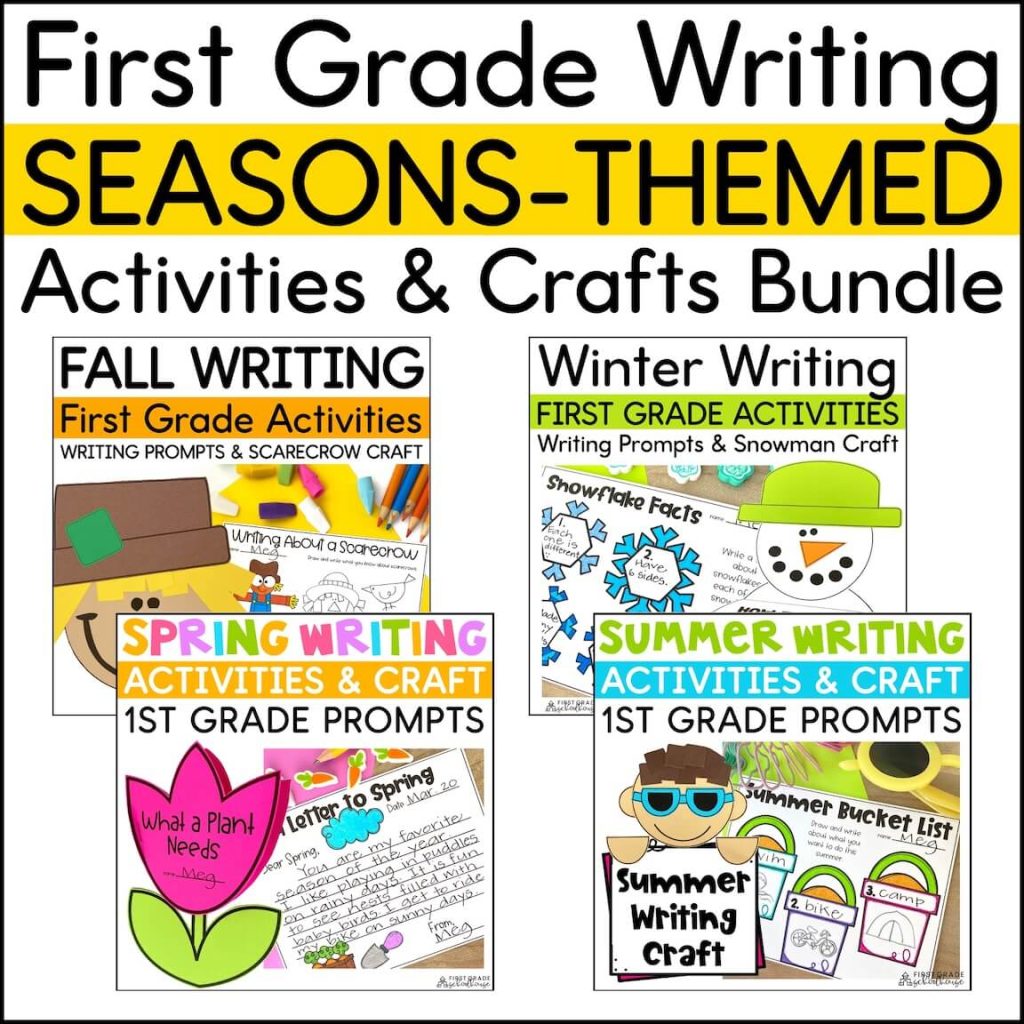 First Grade Writing Seasons-Themed Activities & Crafts Bundle Fall, Winter, Spring, & Summer. Educational resource cover.