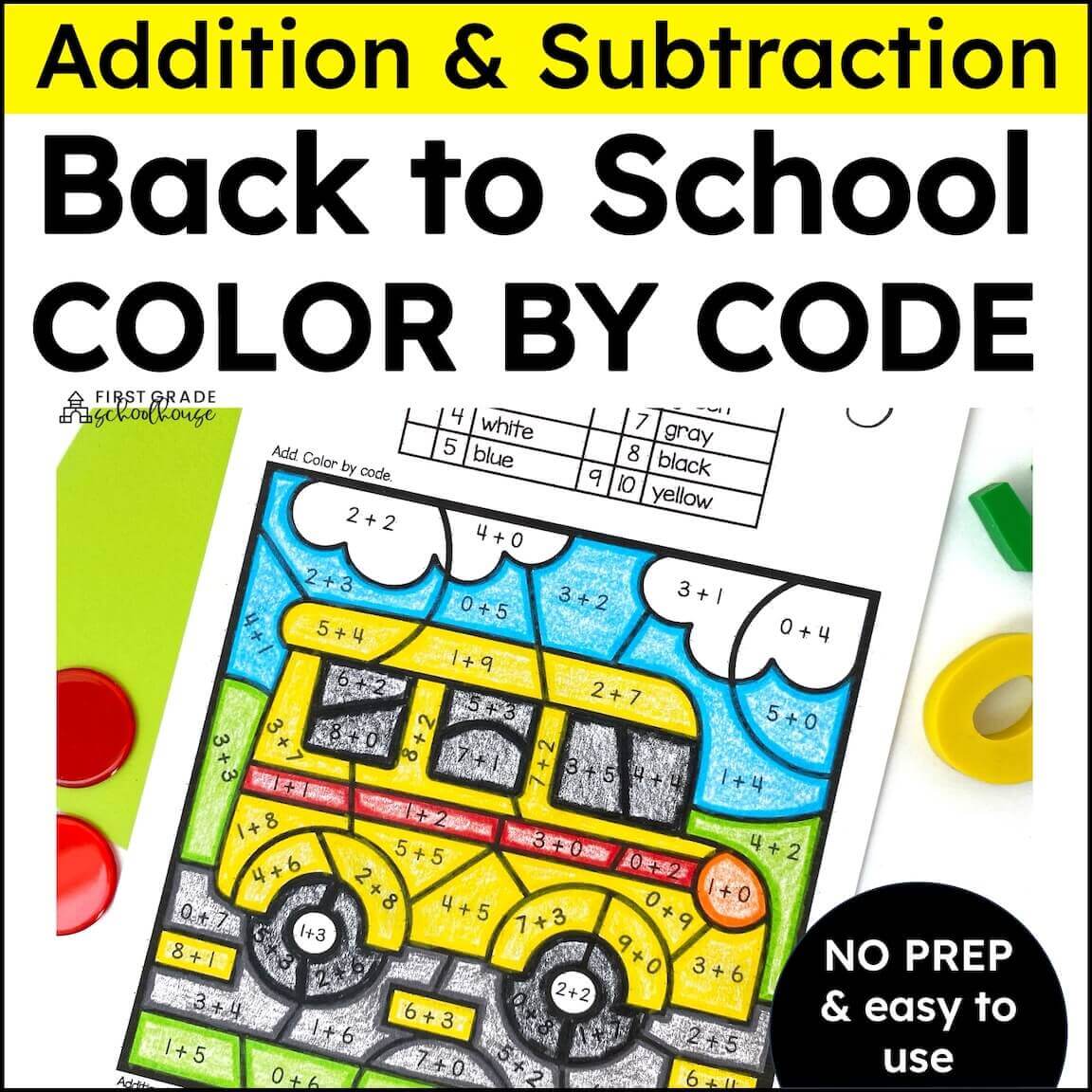 Back to School Color by Number Addition & Subtraction to 10 educational resource
